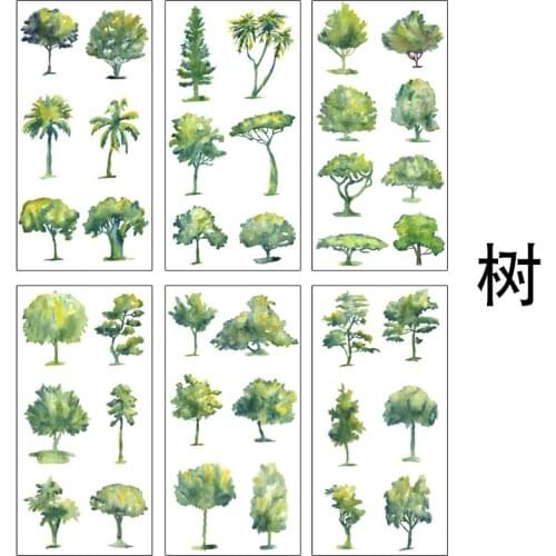 6 Sheets /Bag Simple All Green Trees Decorative Stickers Label Stick Decoration