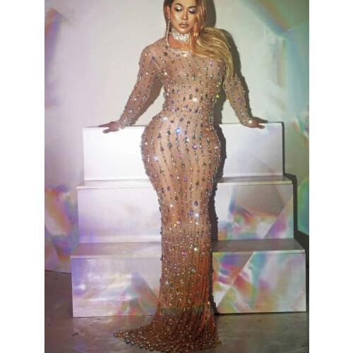 Shining Embellished Diamonds Long Sleeve Women Dress Tight Stretch Mesh Perspective Dress Nightclub Costumes Evening Prom Outfit