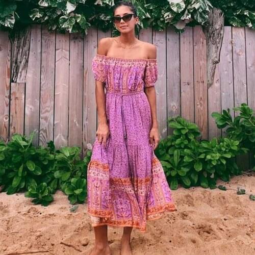 BOHO INSPIRED pink floral off shoulder summer dress elastic slit side long boho dress puff sleeve new holiday women dress casual
