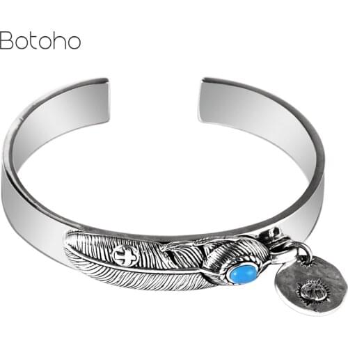 100% 999 Sterling Thai Silver colour Lovers' Bangle Handcraft Feather Turquoise Open Bangles Fine Jewelry Trendy Gift Party