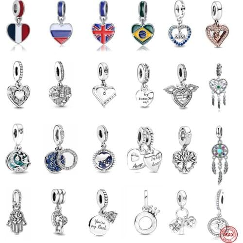 925 Sterling Silver Heart Flag Map Digital shoes tree Pendant DIY fine beads Fit Original Pandora Charm Bracelet Women Jewelry