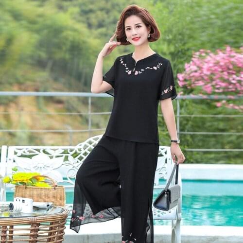 Suit, Mothers summer western style suit, middle aged womens wide leg pants, two piece suit, middle aged and old womens dress