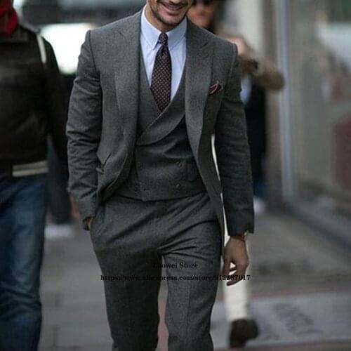 Classic Wool Tweed Mens Suit Double Breasted 2 Piece Jacket Pants Set Office Business Blazer Formal Wedding Groom Costume Homme