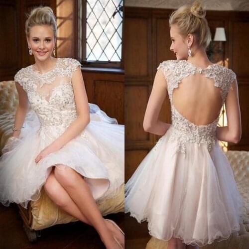 Latest Lovely Short White Lace Bridal Wedding Gowns Back Out O Neckline Cap Sleeves Bride Wedding Dresses Beaded A Line On Sale
