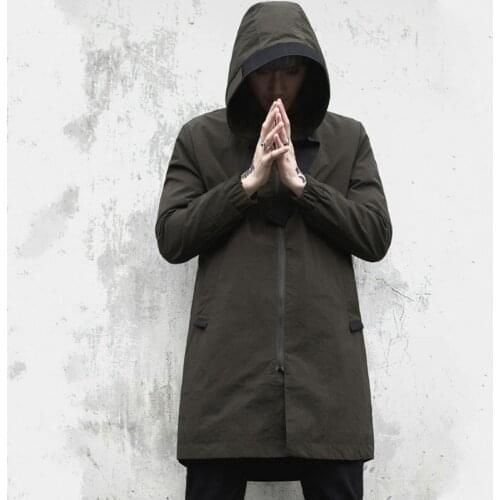Army Green Bomber Jacket High-Street Hip Hop Coat Man Zipper Windbreaker Men Hooded Coats Trench Mens Long Casual Outerwear M-XL