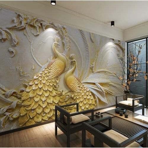 Minimalist Light Luxury 3D Three-dimensional Embossed Golden Peacock Indoor Background Wallpaper Mural