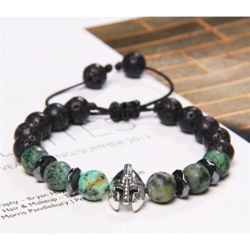 Lava Stone Braided Bracelet Men Natural Stone Turquoises Sparta Mask Charm Bracelet Hematite Energy Jewelry Pulseira Hombres