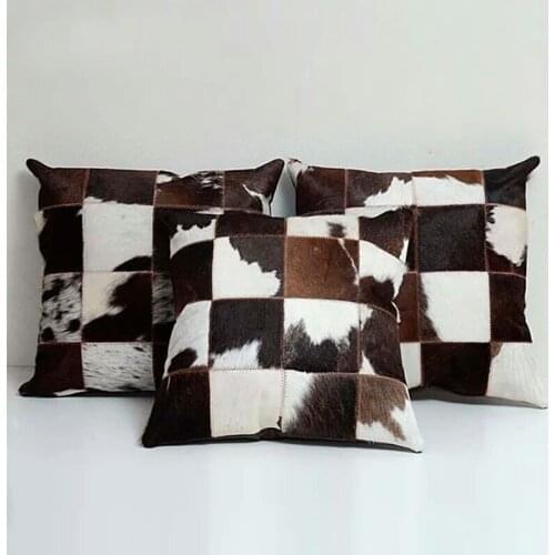 Single side genuine cowhide skin fur pillow cushion , black and white handmade real cow leather pillow for furniture upholstery