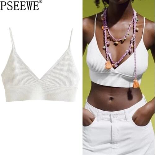 PSEEWE Za 2021 Women Top White Knitted Crop Top Female V Neck Sleeveless Summer Woman Top Sexy Backless Ribbed Camis Tank Tops