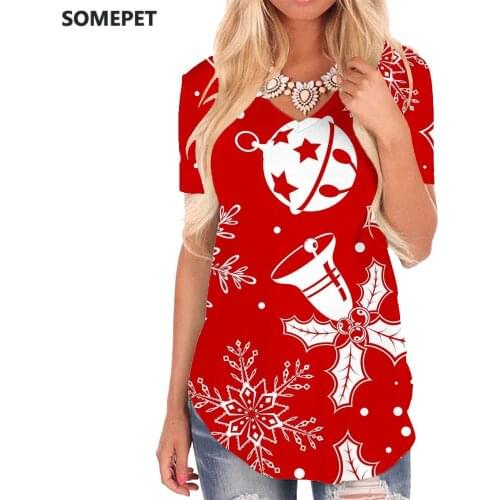 SOMEPET Christmas T Shirt Women Snowflake Shirt Print Painting T-shirts 3d Party V-neck Tshirt Womens Clothing Punk Rock Loose