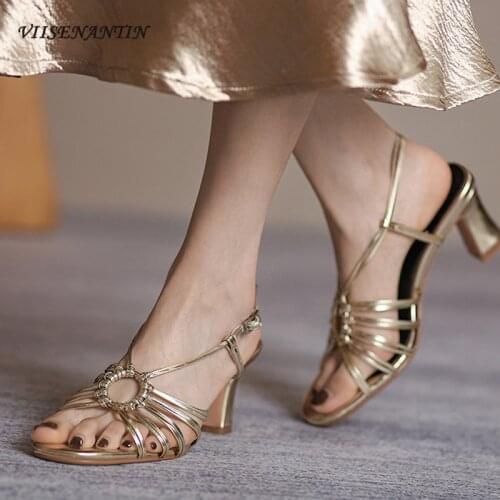 French noble vintage golden high heel sandals summer sheepskin open toe thick heel Roman sandals women