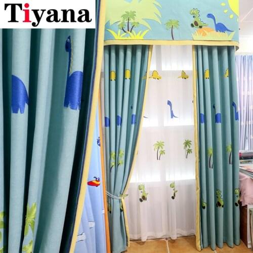 Blue Cartoon Dinosaur Children Blackout Curtain for Kids Boys Bedroom Linen Window Drapes Fabric White Embroidery Tulle ZH054Y