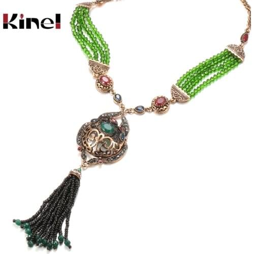 Kinel Vintage Flower Black Stone Bead Tassel Necklace Retro Gold Color Ethnic Wedding Women Jewelry Long Chain Pendant Necklace