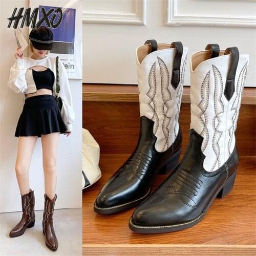 HMXO High Tube Embroidery Retro Sleeve Pointed Toe Women Boots British Style Color Matching Pointed Boots Western Cowboy Boots