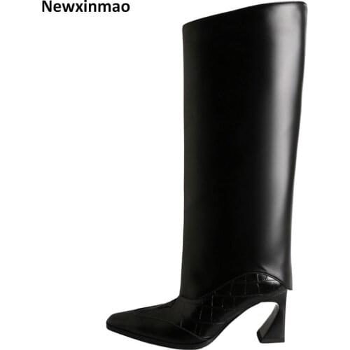 2021 new Concise Designer Knee High Boots Wide Leg Genuine Leather Thick Heels Womens Shoes Wedding Basic Winter Boots