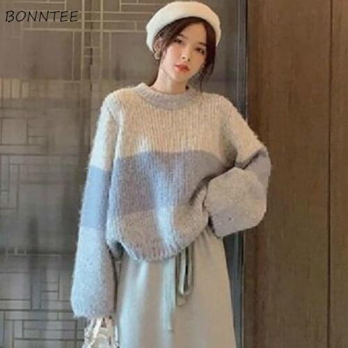 Sweaters Womens Loose Patchwork Lazy Leisure Long Sleeve Knitting Elegant Ulzzang Stylish Daily Autumn O-Neck Ladies Pullovers