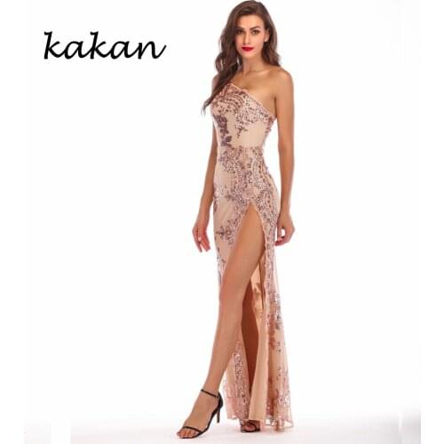 Kakan 2019 spring new womens sequins dress sexy backless shoulder high slit long dress sexy nightclub club party dress