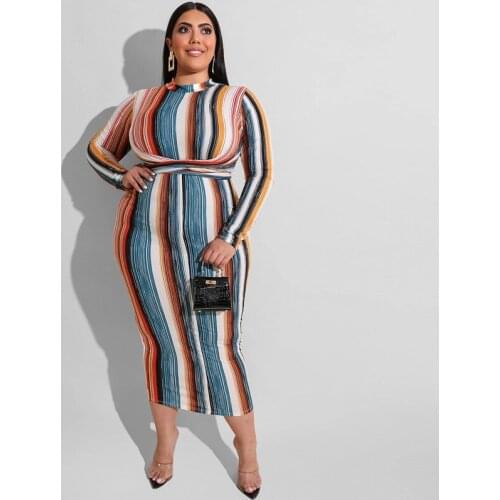 DOIB Striped Dress Women Tight Fitting Bag Hips Long Sleeve Large Size Dress 2020 Autumn Oversize Dress 5XL