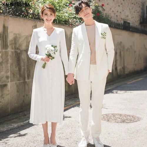 KAUNISSINA Simple Wedding Dresses Long Sleeve Vintage Bride Dresses Mid-Calf Vestido De Novia V Neck White Boho Wedding Gowns