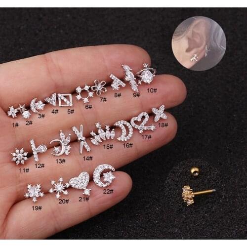 16G 1piece Cross Moon Star Flower CZ Tragus Cartilage Stainless Steel Ear Stud Piercing Crystal Daith Earring