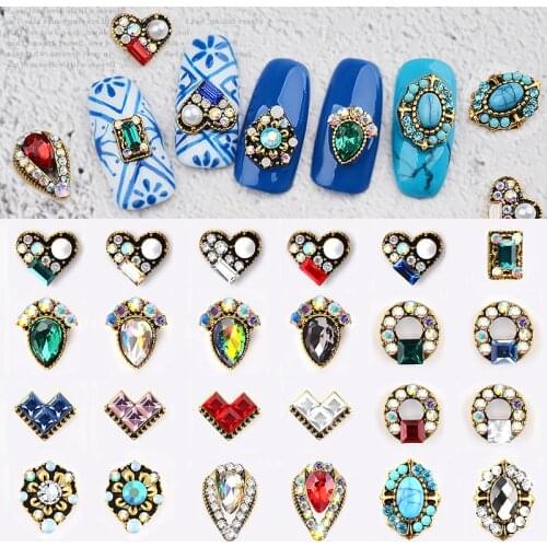 24 Designs 10Pcs Retro Metal Alloy Nail Art Rhinestone 3D Tips DIY Jewelry Decoration Alloy Diamond Crystal Nails Accessoires