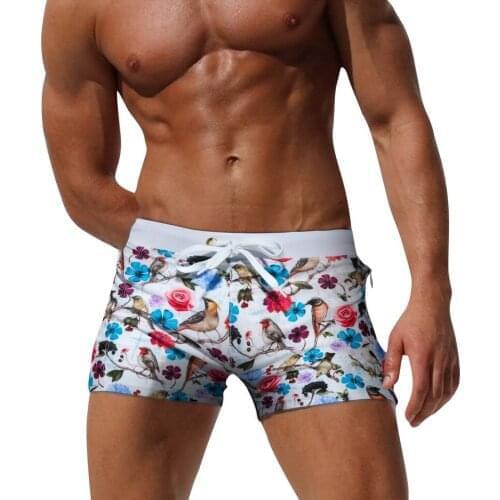 4 pattern zipper pocket swimsuit men swimwear flower print surf beach broad shorts swimming elastic maillot de bain homme 336