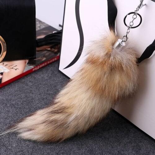 2020 Lovely Long Real Fox Fur Plush Tail Keychain Keychain Black Brown Car Key Chain Ring Bag Pendant Decoration Accessory