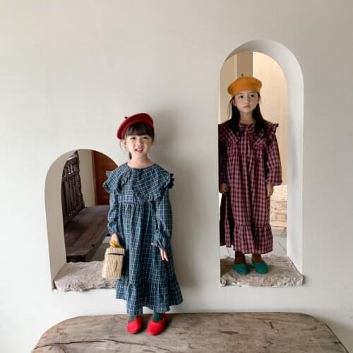 Childrens Dress Autumn 2021 Korean Idyllic Style Girls Plaid Turn-down Collar Double Ruffle Dress Kids Dresses for Girls