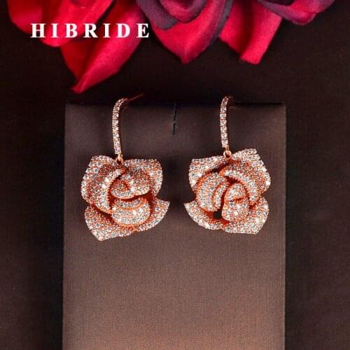 HIBRIDE Fashion Luxury Rose Gold Color Flower Shape Dangle Earrings For Women Jewelry Micro CZ Pave Brincos Party Show E-865