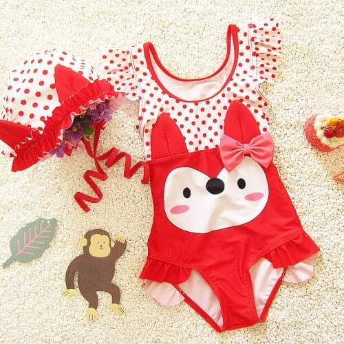 Baby Girls Swimsuits Summer Toddlers Cartoon Bear Fox Princess Swimwear Kids Pink Puffle Bows Beach one-piece Swimming Suits