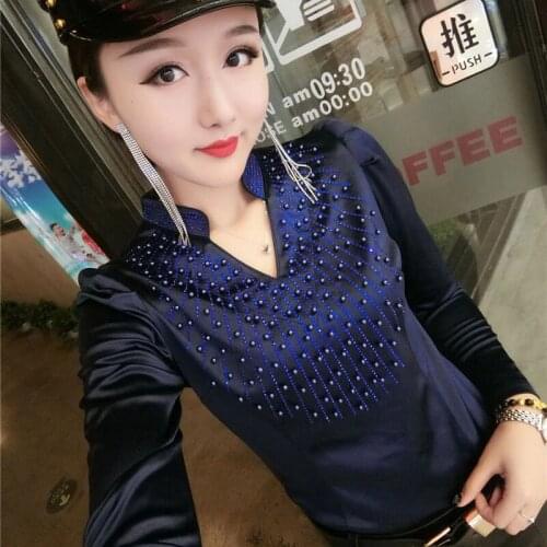 2021 Summer New Beaded Women Blouse V-Neck Long-Sleeved Slim Solid Sexy Lady Shirts Diamond Design Fashion Outwear Tops