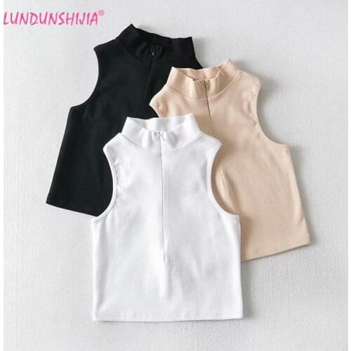 LUNDUNSHIJIA Sexy Women Summer Streetwear Zipper Deep V-neck Sleeveless Crop Tops Ladies Cotton Tank Bar Female