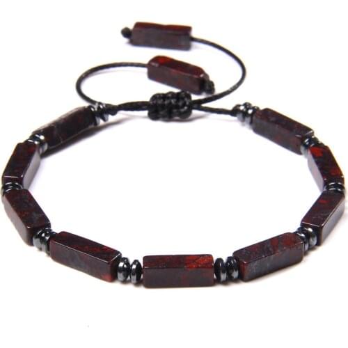 Trendy Mens Bracelet Braid Square Tube Shape Natural Bloodstone Beads Bracelet Adjustable for Women Men Yoga Energy Jewelry