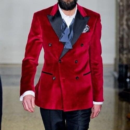 Red Velvet Casual Men Suits for Wedding Groomsmen Tuxedos Tailor Made 2 Piece Prom Male Set Jacket with Black Pants New Fashion