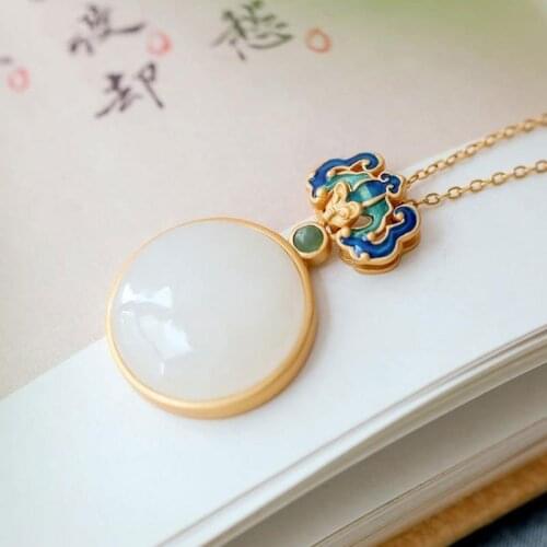 Original New Design Cloisonne Inlaid Natural Hetian Jade Round Necklace Pendant Retro Exquisite Lady Silver Jewelry