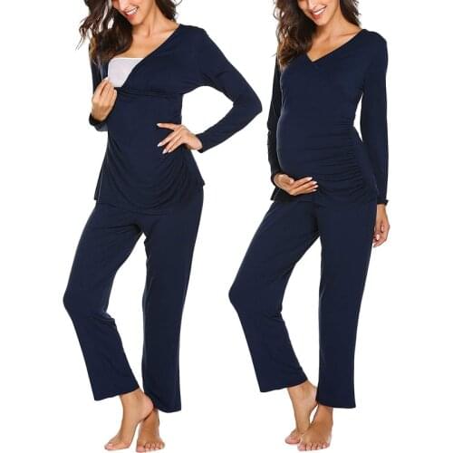 Maternity Clothes Nursing Pajama Set Pants and Long Sleeve V Neck Breastfeeding Sleepwear Gown Ropa Embarazada