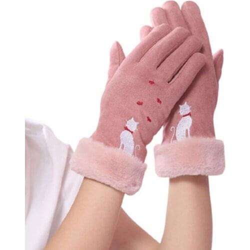 Fashion Elegant Female Wool Screen Gloves Winter Women Warm Cashmere Full Finger Leather Bow Dotted embroidery Gloves