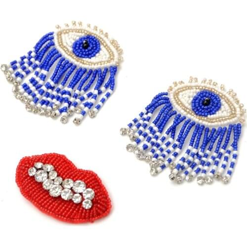 Hand nailed blue beads eyes lip patch with pin for DIY brooch badge clothes bag shoes suit Hand account Accessories ornament