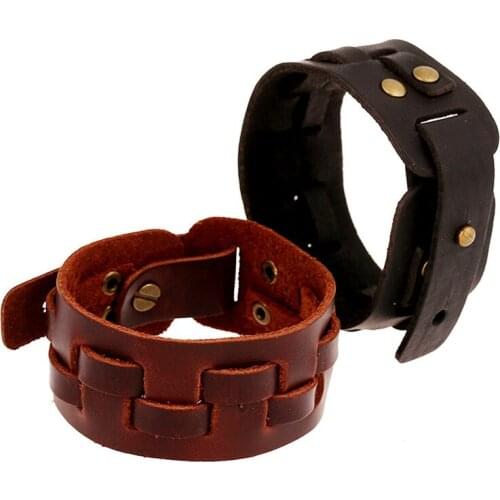 New Handmade Wide Genuine Leather Belt Bracelet Bangles Fashion Jewelry Pulseira Couro Genuine Leather Bracelets For Man Women