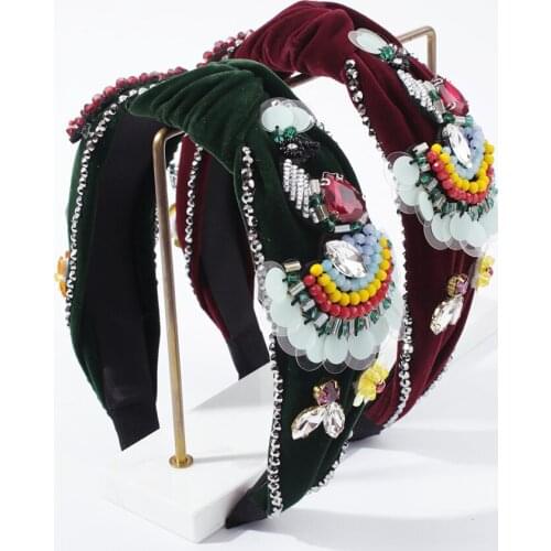 Vintage Dark Green Red Velvet Knot Hairband Rhinestone Headband for Women Girl Colorful Beads Sequins Headdress Hair Accessories