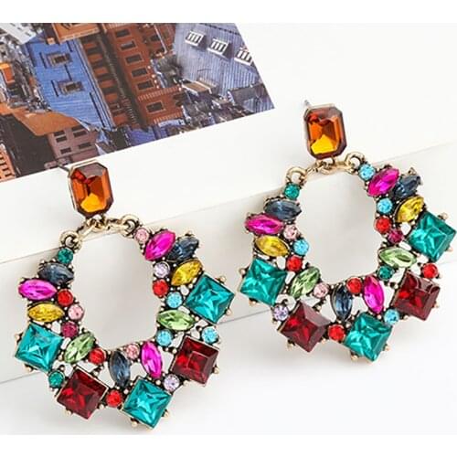 ZHINI Boho Color Crystal Rhinestone Dangle Earrings for Women Vintage Personality Geometric Oval Hollow Pendant Earring Jewelry