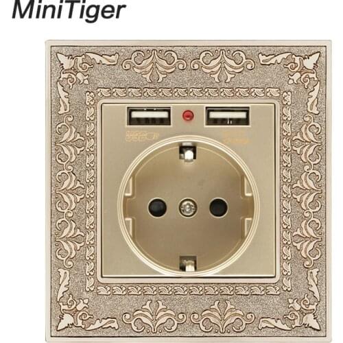 Minitiger Zinc Alloy High-end Retro Panel 16A Gold EU Standard Power Wall Socket With Dual USB 2.1A Charging Port Embossed Panel