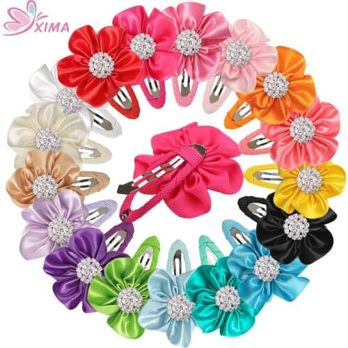 XIMA 17pcs/lot Satin Flower Hairpins with Diamond Girls Little Hairpins Colorful Kids BB Clip Children Hair accessories