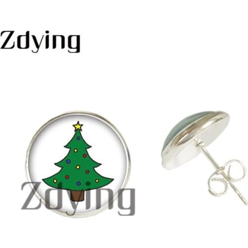 Zdying Fashion Christmas Tree Stud Earring Glass Cabochon Life Tree Art Picture Dome Earring Party Birthday Jewelry SH001