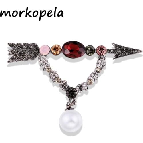 Morkopela Vintage Charm Arrow Brooch Simulated Pearls Pin Accessories Rhinestone Brooches For Women Metal Scarf Clip Jewelry
