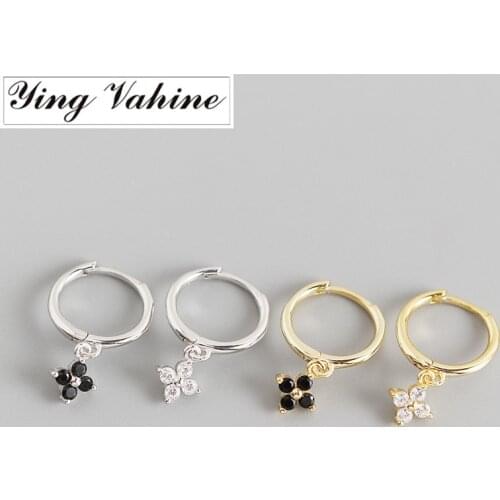 Ying Vahine 100% 925 Sterling Silver White and Black Zircon Little Flower Pendant Drop Earrings for Women