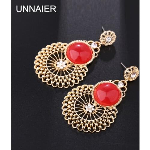 UNNAIER Retro palace red Round Semi-precious stones earring Female Prevent allergy Rhinestone Ear jewelry