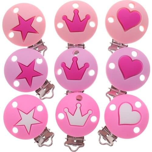 10pcs Baby Silicone Round Crown Pacifier Clips Heart BPA Free Teether Soother Clasps DIY Teething Necklace Chain Holder