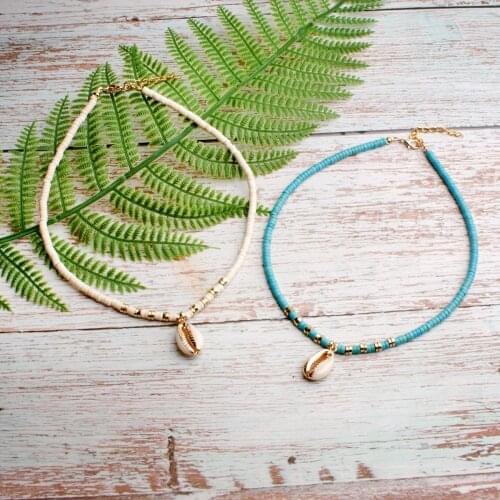 2020 Chic Bohemian Green small Beads Necklace Shell Pendant Choker Necklaces Fashion Chocker Chain Unique Girl Jewelry Gift