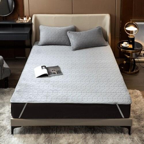 3Pcs Grey Mattress Pad Cover Mat Quilted Velvet Latex Anti Mites Bed Sheet Mattress Protector For Home Hotel Solid Color Textile